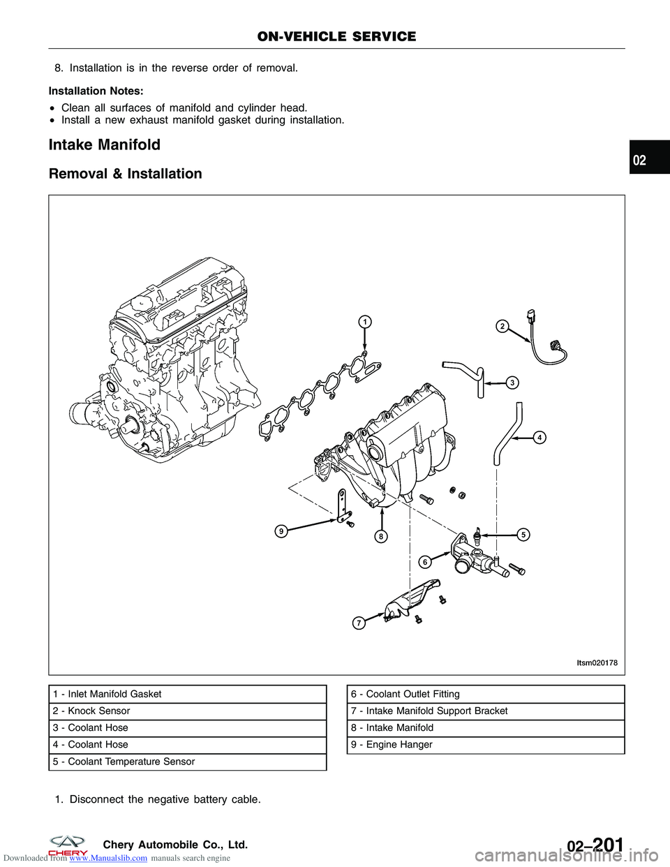 CHERY TIGGO 2009  Service Owners Manual Downloaded from www.Manualslib.com manuals search engine 8. Installation is in the reverse order of removal.
Installation Notes:
• Clean all surfaces of manifold and cylinder head.
• Install a new