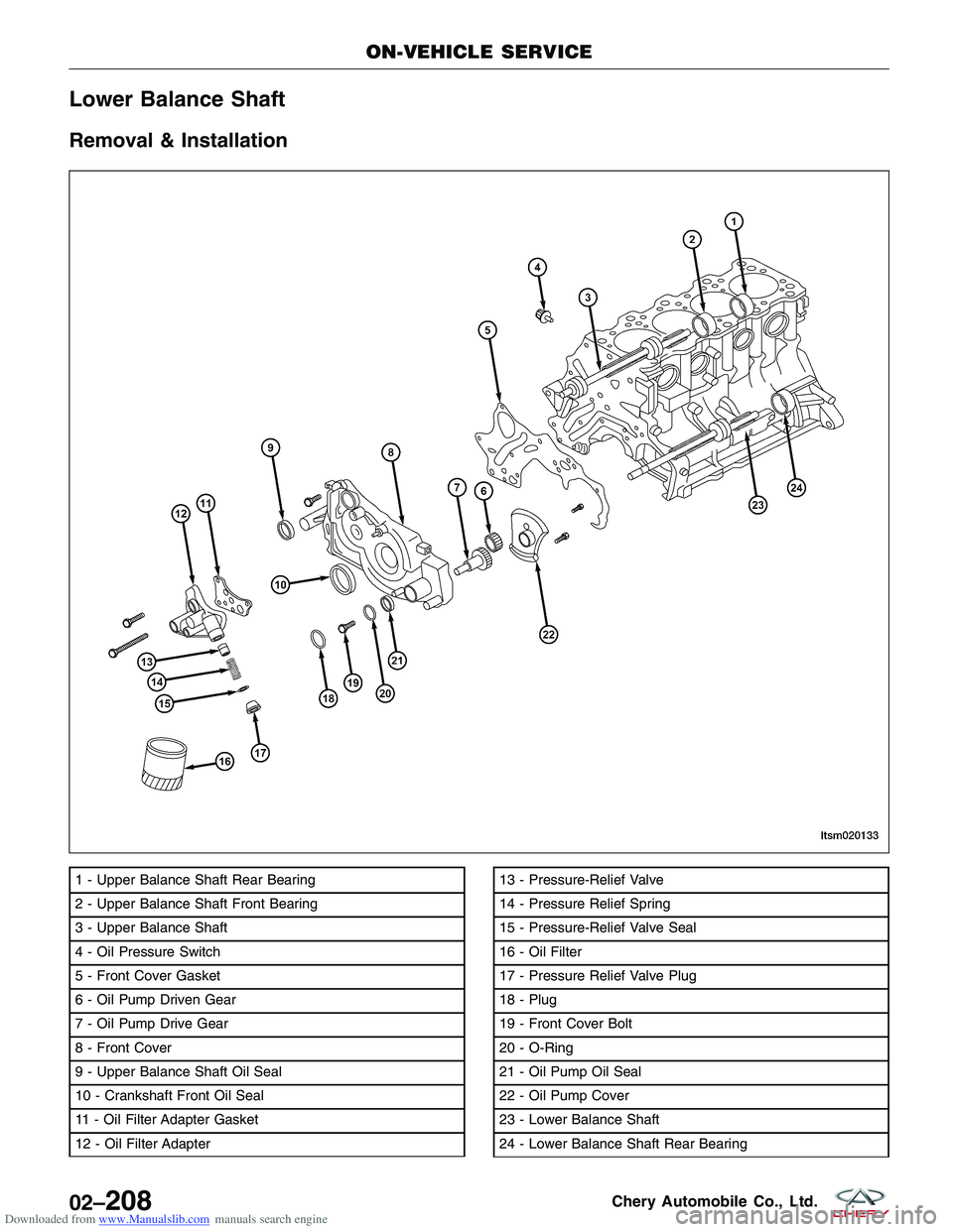 CHERY TIGGO 2009  Service Owners Manual Downloaded from www.Manualslib.com manuals search engine Lower Balance Shaft
Removal & Installation
1 - Upper Balance Shaft Rear Bearing
2 - Upper Balance Shaft Front Bearing
3 - Upper Balance Shaft
4