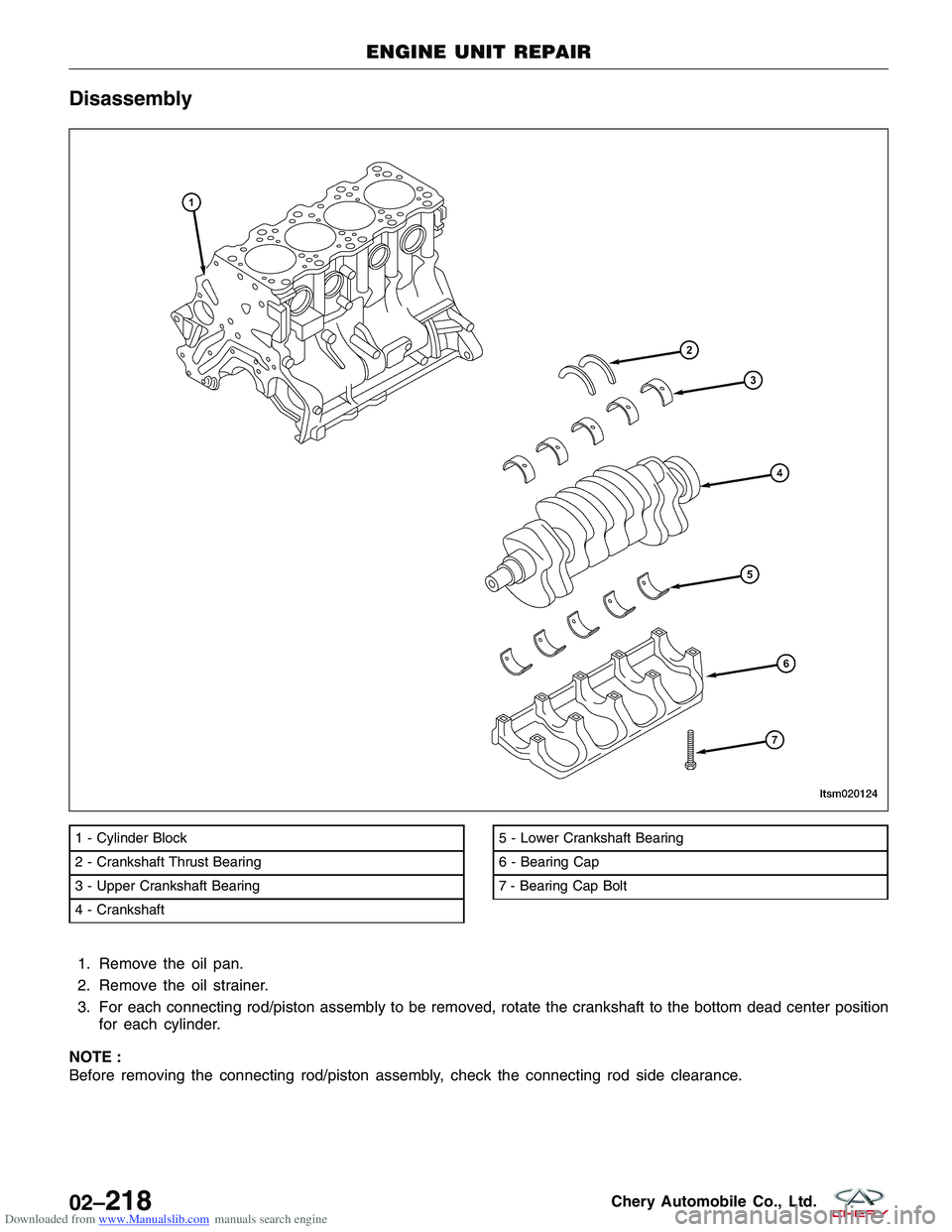 CHERY TIGGO 2009  Service Repair Manual Downloaded from www.Manualslib.com manuals search engine Disassembly
1. Remove the oil pan.
2. Remove the oil strainer.
3. For each connecting rod/piston assembly to be removed, rotate the crankshaft 