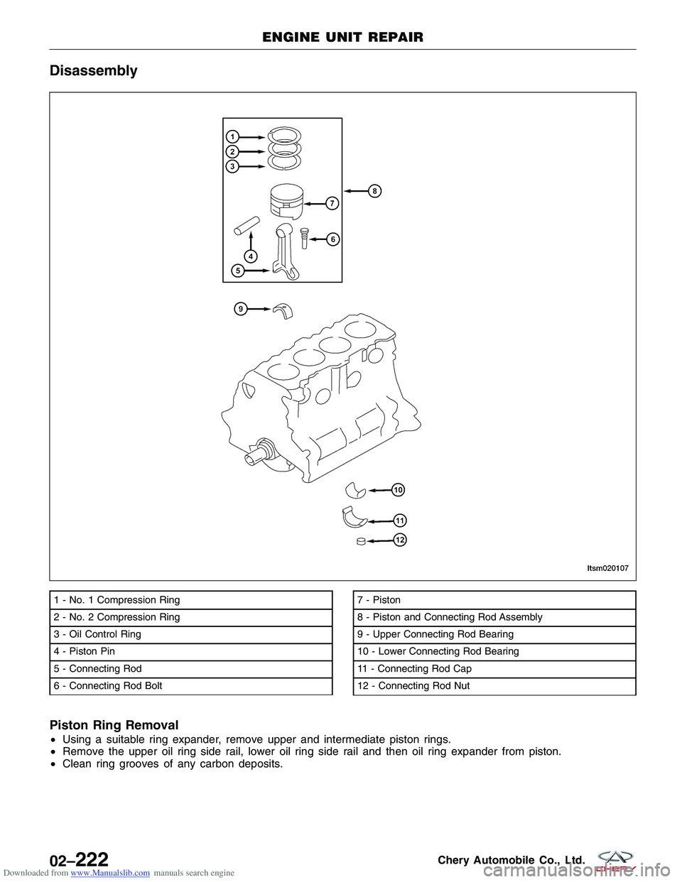 CHERY TIGGO 2009 Service Repair Manual Downloaded from www.Manualslib.com manuals search engine Disassembly
Piston Ring Removal
•Using a suitable ring expander, remove upper and intermediate piston rings.
• Remove the upper oil ring si CHERY TIGGO 2009 Service Repair Manual Downloaded from www.Manualslib.com manuals search engine Disassembly
Piston Ring Removal
•Using a suitable ring expander, remove upper and intermediate piston rings.
• Remove the upper oil ring si