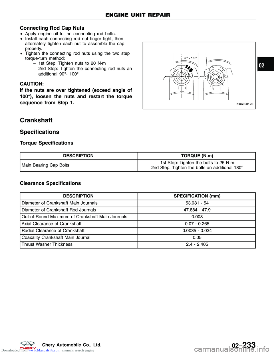 CHERY TIGGO 2009 Service Repair Manual Downloaded from www.Manualslib.com manuals search engine Connecting Rod Cap Nuts
•Apply engine oil to the connecting rod bolts.
• Install each connecting rod nut finger tight, then
alternately tig CHERY TIGGO 2009 Service Repair Manual Downloaded from www.Manualslib.com manuals search engine Connecting Rod Cap Nuts
•Apply engine oil to the connecting rod bolts.
• Install each connecting rod nut finger tight, then
alternately tig
