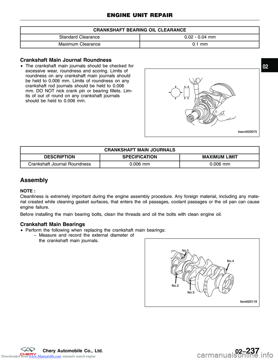 CHERY TIGGO 2009 Service Repair Manual Downloaded from www.Manualslib.com manuals search engine CRANKSHAFT BEARING OIL CLEARANCE
Standard Clearance 0.02 - 0.04 mm
Maximum Clearance 0.1 mm
Crankshaft Main Journal Roundness
•The crankshaft CHERY TIGGO 2009 Service Repair Manual Downloaded from www.Manualslib.com manuals search engine CRANKSHAFT BEARING OIL CLEARANCE
Standard Clearance 0.02 - 0.04 mm
Maximum Clearance 0.1 mm
Crankshaft Main Journal Roundness
•The crankshaft
