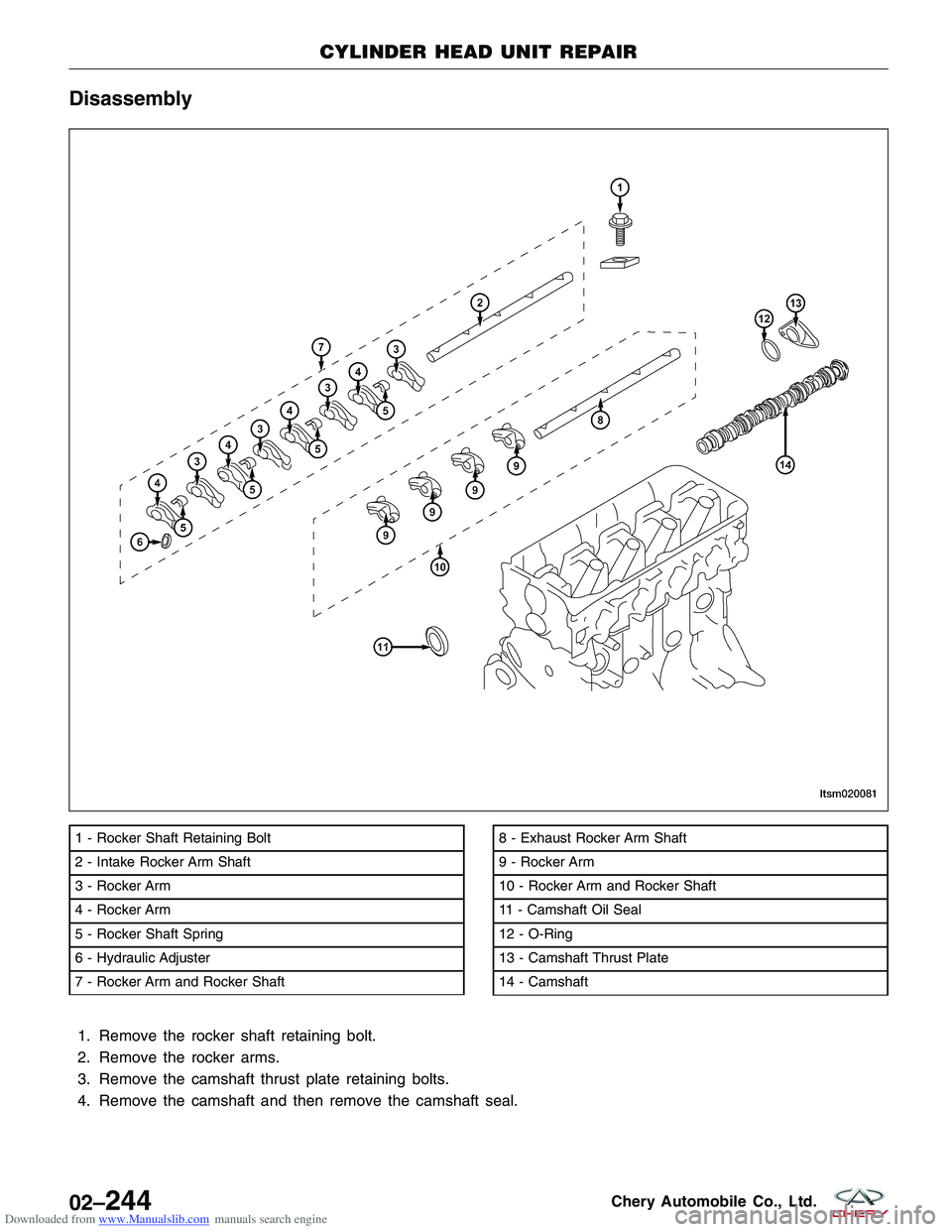 CHERY TIGGO 2009 Service Repair Manual Downloaded from www.Manualslib.com manuals search engine Disassembly
1. Remove the rocker shaft retaining bolt.
2. Remove the rocker arms.
3. Remove the camshaft thrust plate retaining bolts.
4. Remov CHERY TIGGO 2009 Service Repair Manual Downloaded from www.Manualslib.com manuals search engine Disassembly
1. Remove the rocker shaft retaining bolt.
2. Remove the rocker arms.
3. Remove the camshaft thrust plate retaining bolts.
4. Remov