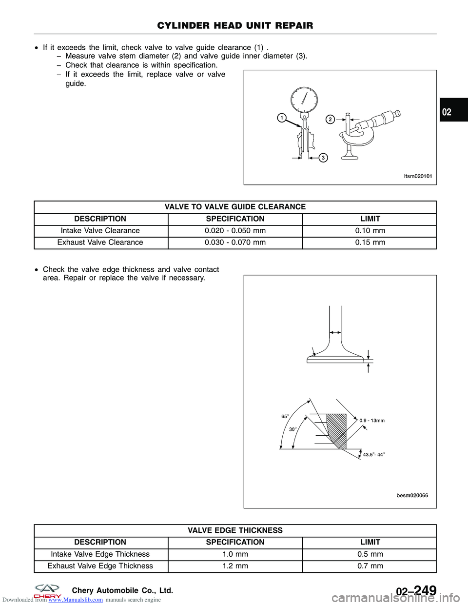 CHERY TIGGO 2009  Service Repair Manual Downloaded from www.Manualslib.com manuals search engine •If it exceeds the limit, check valve to valve guide clearance (1) .
� Measure valve stem diameter (2) and valve guide inner diameter (3).
� 