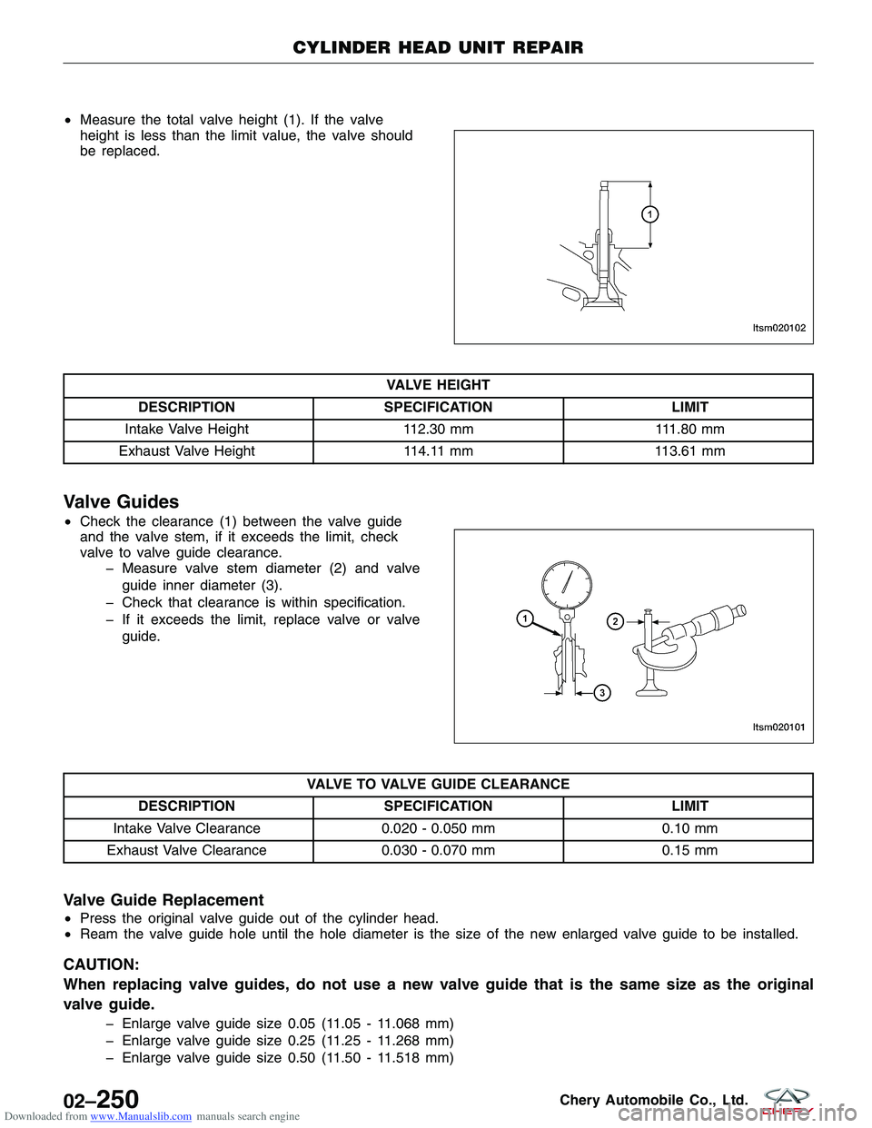 CHERY TIGGO 2009  Service Repair Manual Downloaded from www.Manualslib.com manuals search engine •Measure the total valve height (1). If the valve
height is less than the limit value, the valve should
be replaced.
VALVE HEIGHT
DESCRIPTION