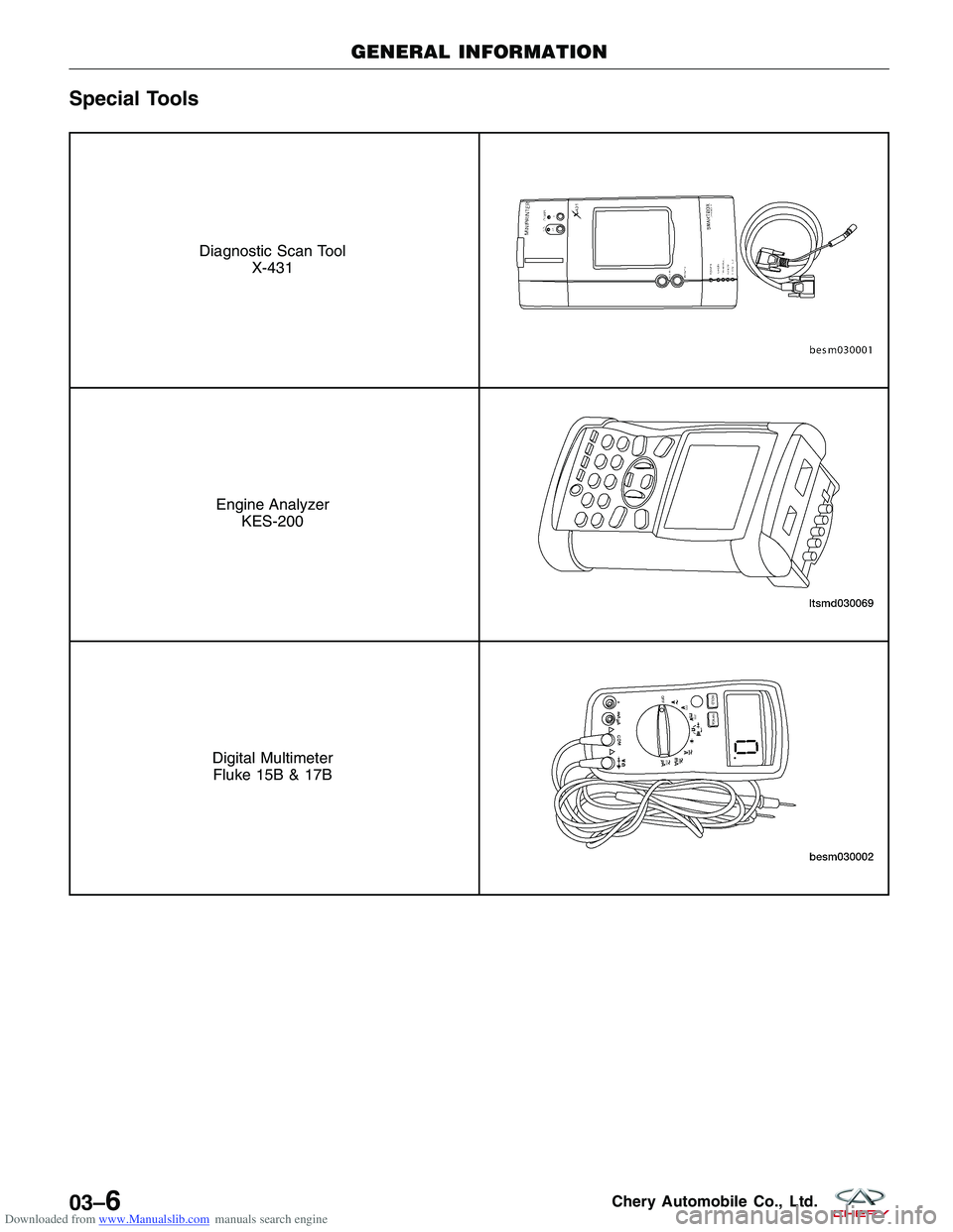 CHERY TIGGO 2009 Service Repair Manual Downloaded from www.Manualslib.com manuals search engine Special Tools
Diagnostic Scan ToolX-431
Engine AnalyzerKES-200
Digital MultimeterFluke 15B & 17B
GENERAL INFORMATION
03–6Chery Automobile Co. CHERY TIGGO 2009 Service Repair Manual Downloaded from www.Manualslib.com manuals search engine Special Tools
Diagnostic Scan ToolX-431
Engine AnalyzerKES-200
Digital MultimeterFluke 15B & 17B
GENERAL INFORMATION
03–6Chery Automobile Co.