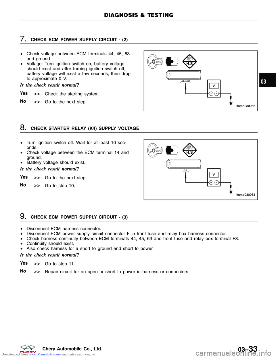 CHERY TIGGO 2009  Service User Guide Downloaded from www.Manualslib.com manuals search engine 7.CHECK ECM POWER SUPPLY CIRCUIT - (2)
•  Check voltage between ECM terminals 44, 45, 63
 and ground.
•  Voltage: Turn ignition switch

on,
