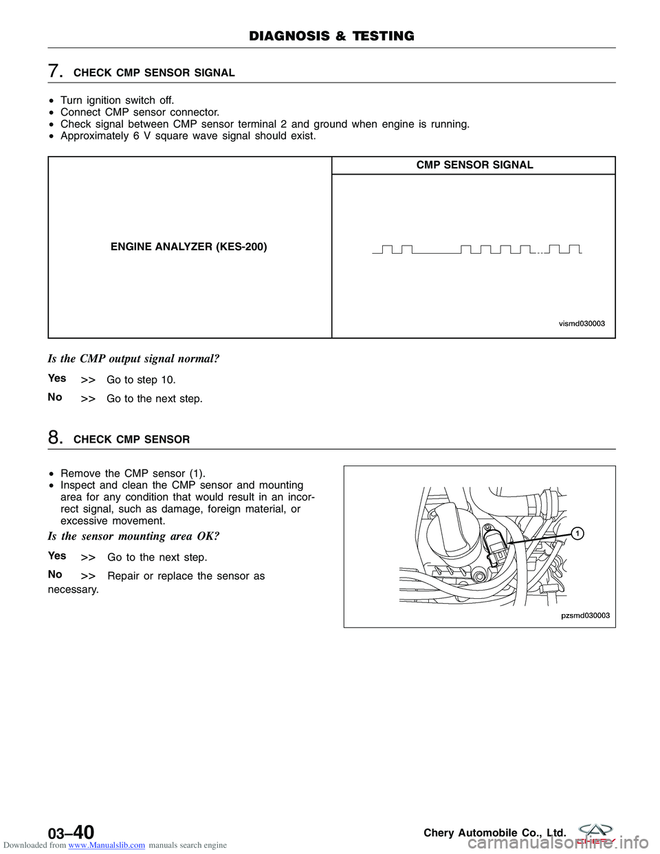 CHERY TIGGO 2009  Service Repair Manual Downloaded from www.Manualslib.com manuals search engine 7.CHECK CMP SENSOR SIGNAL
• Turn ignition switch off.
• Connect CMP sensor connector.
• Check signal between CMP sensor terminal 2 and gr