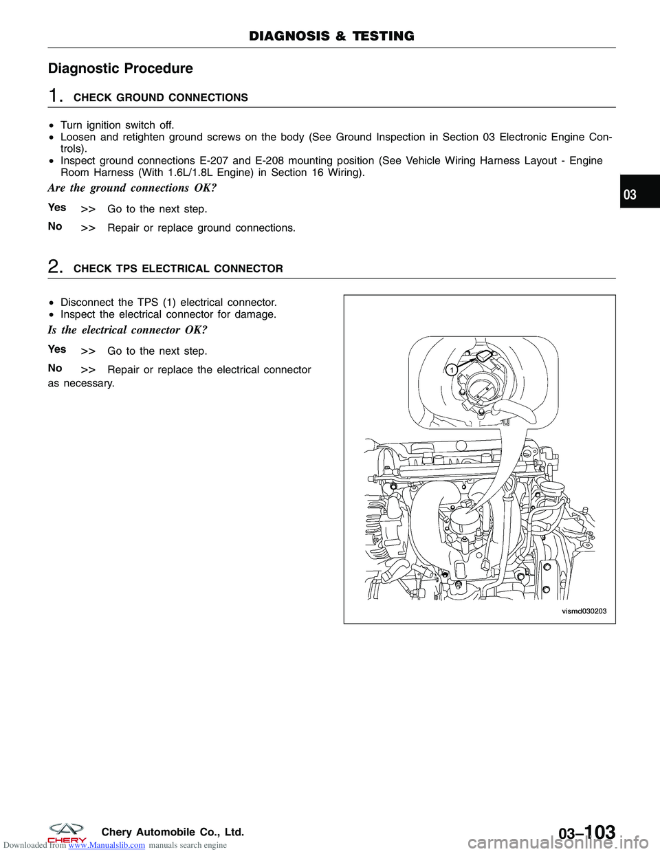 CHERY TIGGO 2009  Service Repair Manual Downloaded from www.Manualslib.com manuals search engine Diagnostic Procedure
1.CHECK GROUND CONNECTIONS
• Turn ignition switch off.
• Loosen and retighten ground screws on the body (See Ground In