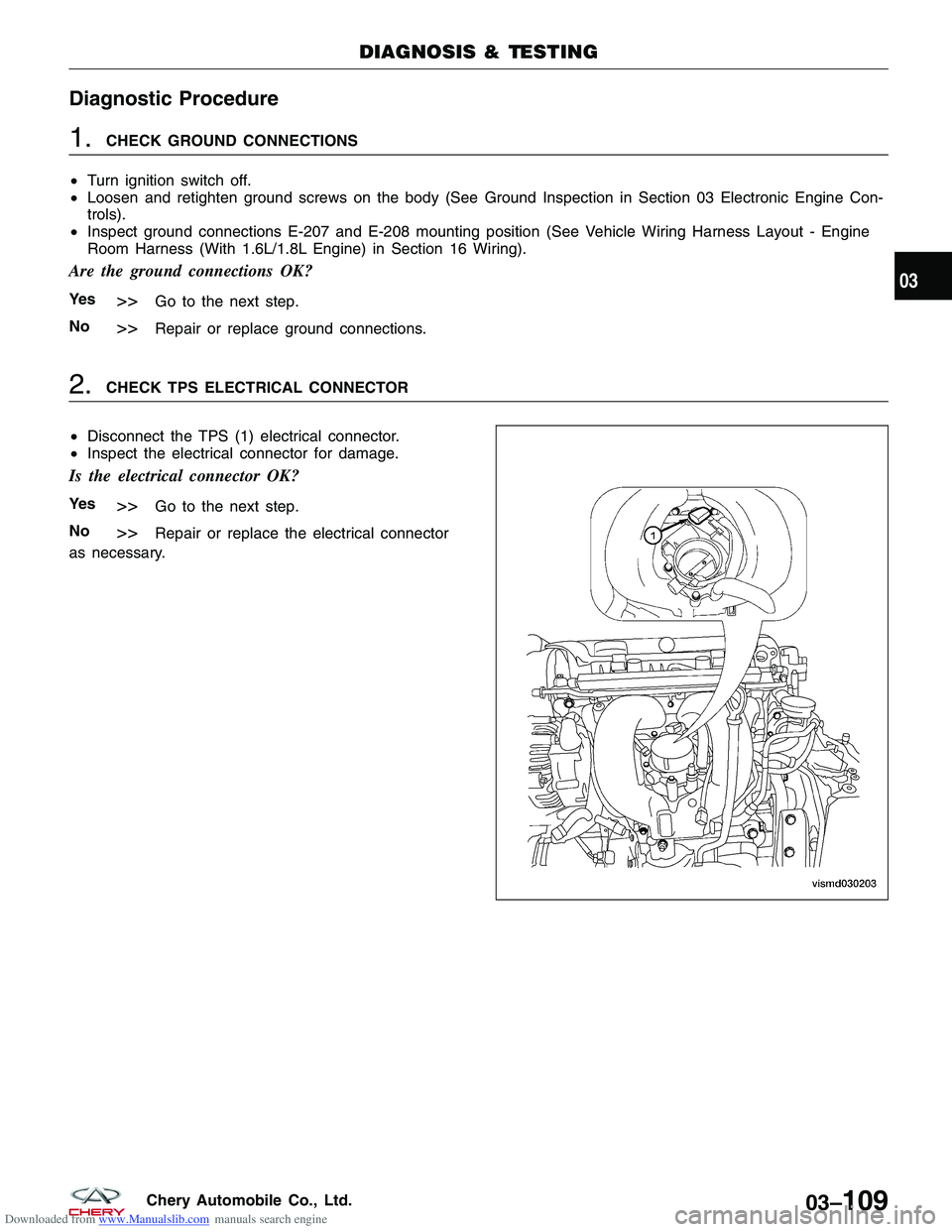 CHERY TIGGO 2009  Service Repair Manual Downloaded from www.Manualslib.com manuals search engine Diagnostic Procedure
1.CHECK GROUND CONNECTIONS
• Turn ignition switch off.
• Loosen and retighten ground screws on the body (See Ground In