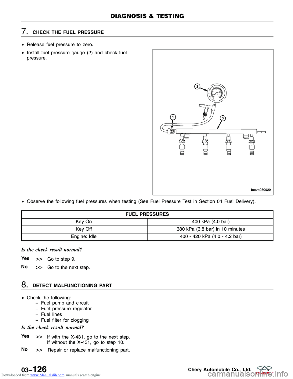 CHERY TIGGO 2009  Service Repair Manual Downloaded from www.Manualslib.com manuals search engine 7.CHECK THE FUEL PRESSURE
• Release fuel pressure to zero.
• Install fuel pressure gauge (2) and check fuel
pressure.
• Observe the follo