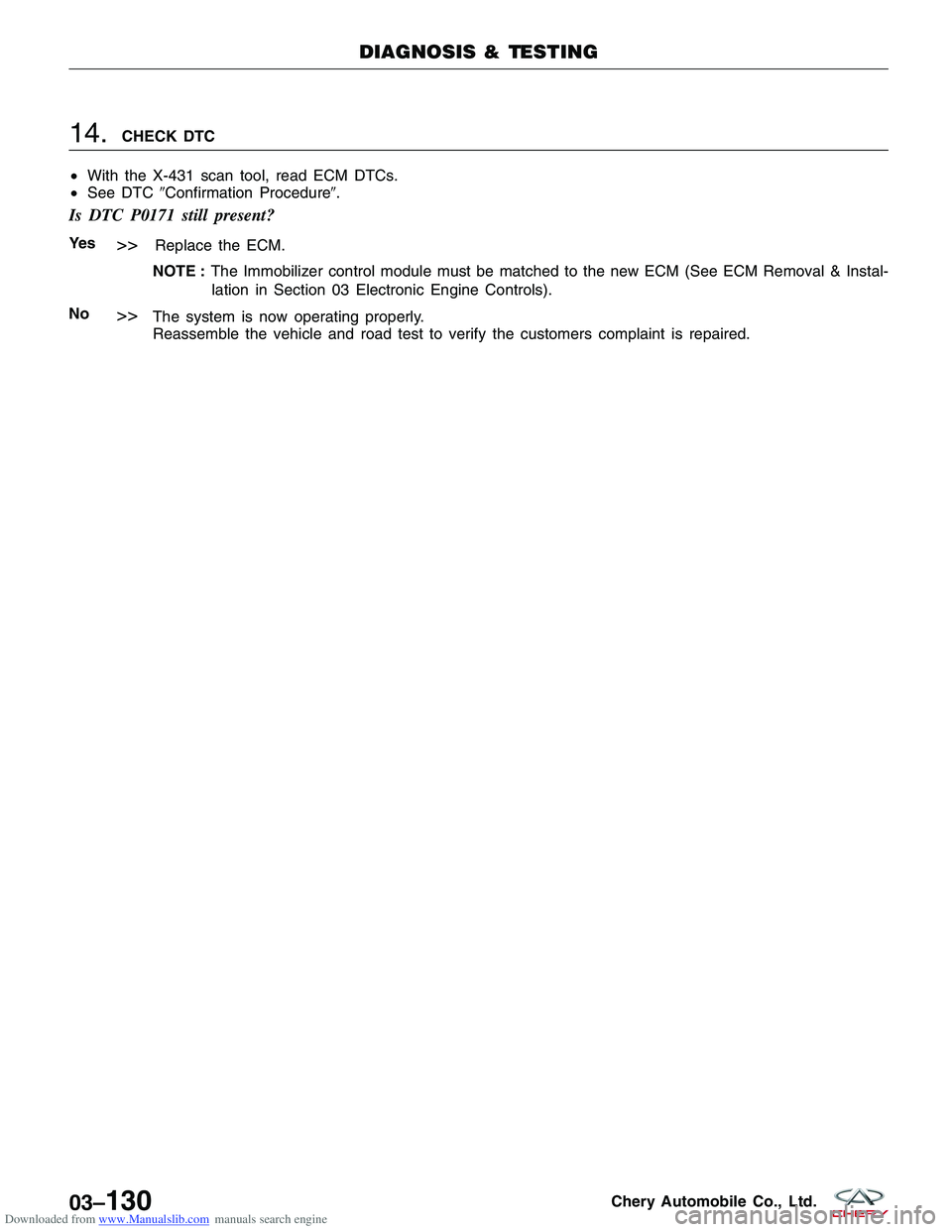 CHERY TIGGO 2009  Service Repair Manual Downloaded from www.Manualslib.com manuals search engine 14.CHECK DTC
• With the X-431 scan tool, read ECM DTCs.
• See DTC Confirmation Procedure.
Is DTC P0171 still present?
Ye s>>Replace the E