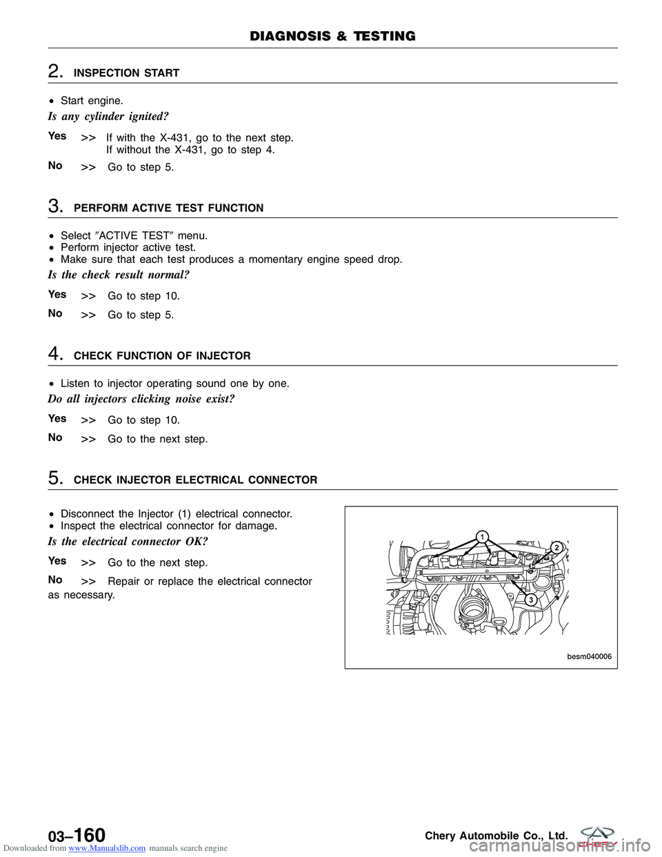 CHERY TIGGO 2009 Service Repair Manual Downloaded from www.Manualslib.com manuals search engine 2.INSPECTION START
• Start engine.
Is any cylinder ignited?
Ye s>>If with the X-431, go to the next step.
If without the X-431, go to step 4. CHERY TIGGO 2009 Service Repair Manual Downloaded from www.Manualslib.com manuals search engine 2.INSPECTION START
• Start engine.
Is any cylinder ignited?
Ye s>>If with the X-431, go to the next step.
If without the X-431, go to step 4.
