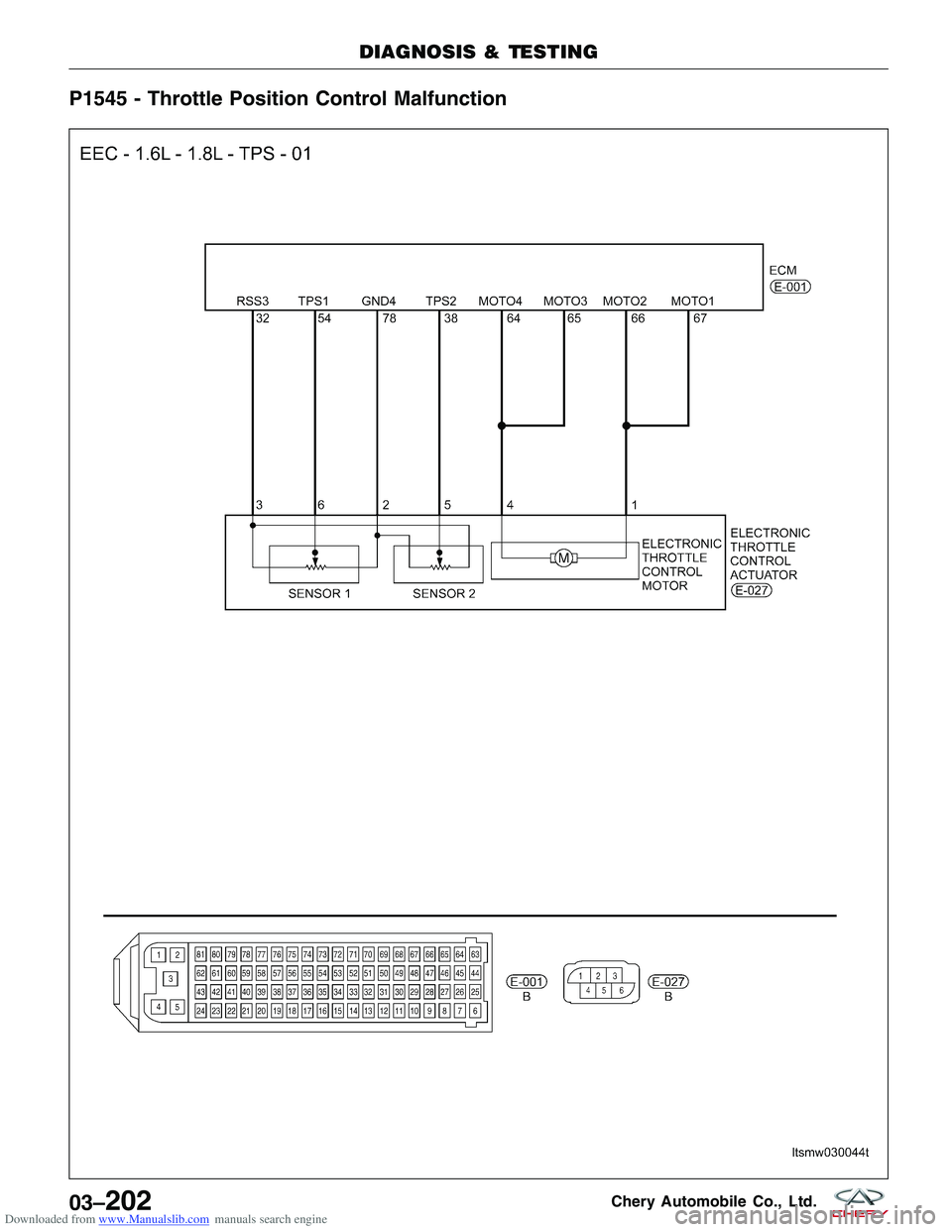 CHERY TIGGO 2009  Service Repair Manual Downloaded from www.Manualslib.com manuals search engine P1545 - Throttle Position Control Malfunction
DIAGNOSIS & TESTING
LTSMW030044T
03–202Chery Automobile Co., Ltd.  