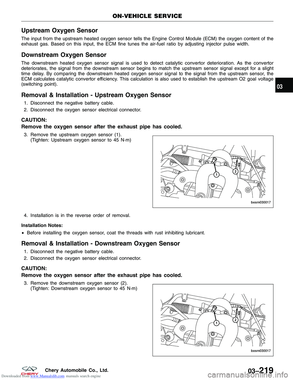 CHERY TIGGO 2009  Service Owners Guide Downloaded from www.Manualslib.com manuals search engine Upstream Oxygen Sensor
The input from the upstream heated oxygen sensor tells the Engine Control Module (ECM) the oxygen content of the
exhaust