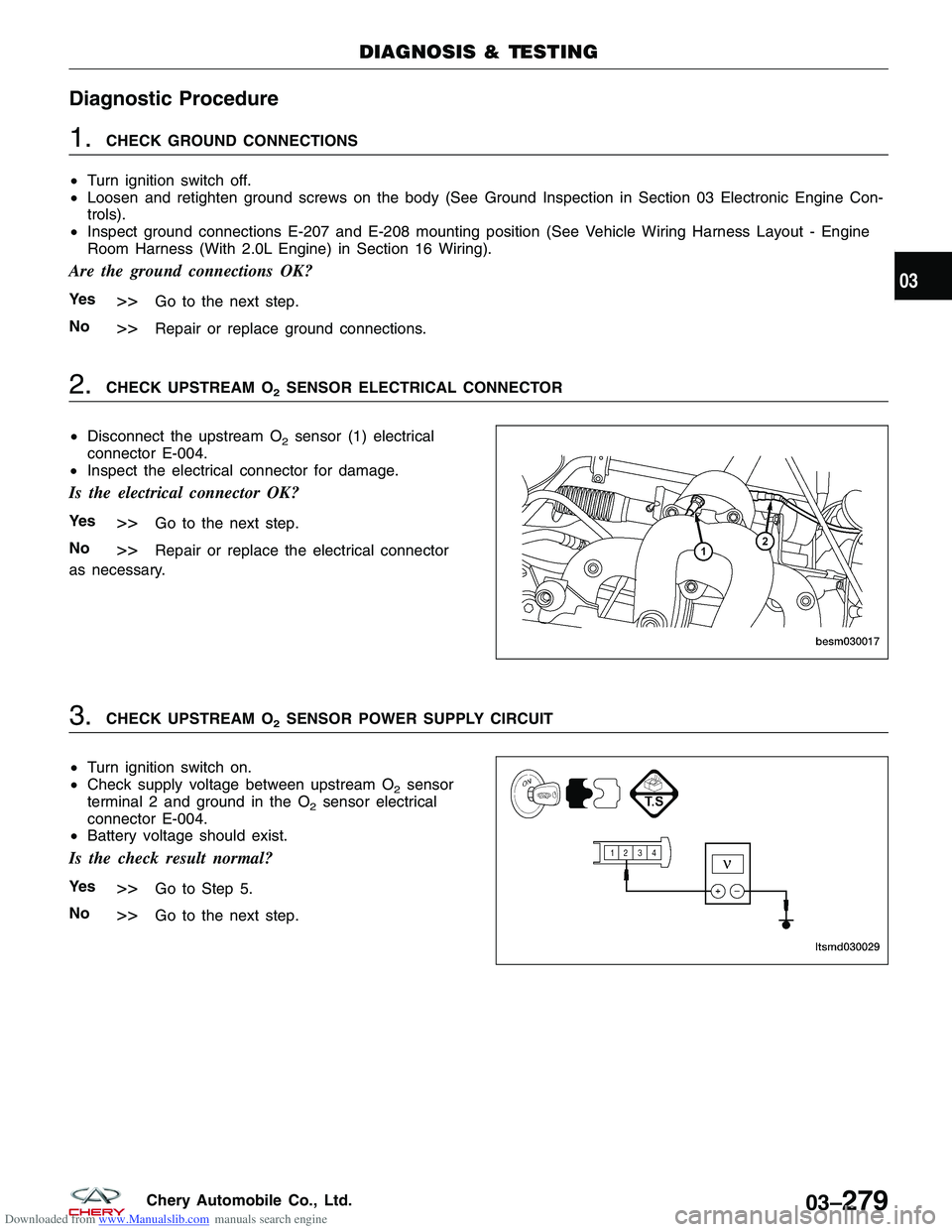 CHERY TIGGO 2009 Service Repair Manual Downloaded from www.Manualslib.com manuals search engine Diagnostic Procedure
1.CHECK GROUND CONNECTIONS
• Turn ignition switch off.
• Loosen and retighten ground screws on the body (See Ground In CHERY TIGGO 2009 Service Repair Manual Downloaded from www.Manualslib.com manuals search engine Diagnostic Procedure
1.CHECK GROUND CONNECTIONS
• Turn ignition switch off.
• Loosen and retighten ground screws on the body (See Ground In