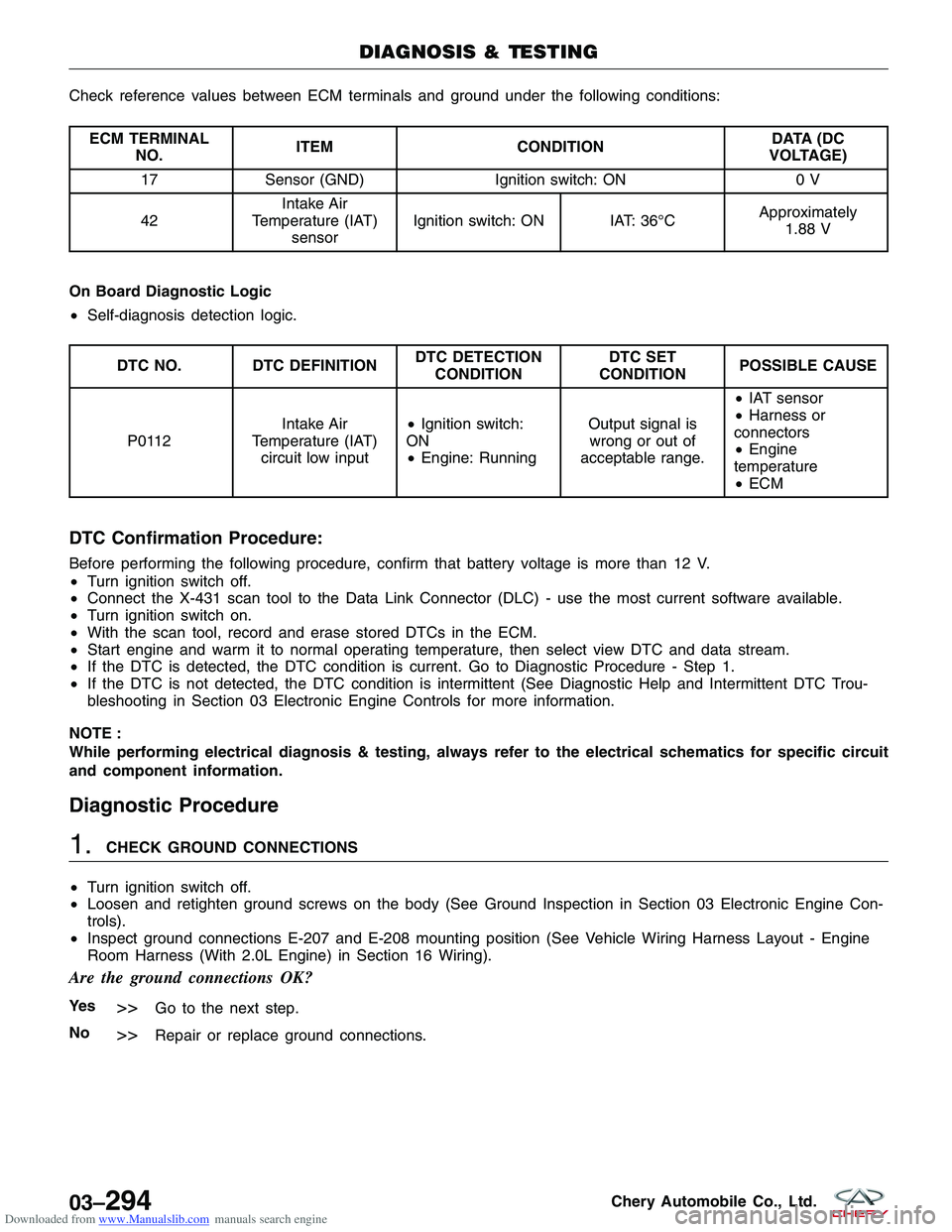 CHERY TIGGO 2009 Service Repair Manual Downloaded from www.Manualslib.com manuals search engine Check reference values between ECM terminals and ground under the following conditions:
ECM TERMINALNO. ITEM
CONDITION DATA (DC
VOLTAGE)
17 Sen CHERY TIGGO 2009 Service Repair Manual Downloaded from www.Manualslib.com manuals search engine Check reference values between ECM terminals and ground under the following conditions:
ECM TERMINALNO. ITEM
CONDITION DATA (DC
VOLTAGE)
17 Sen