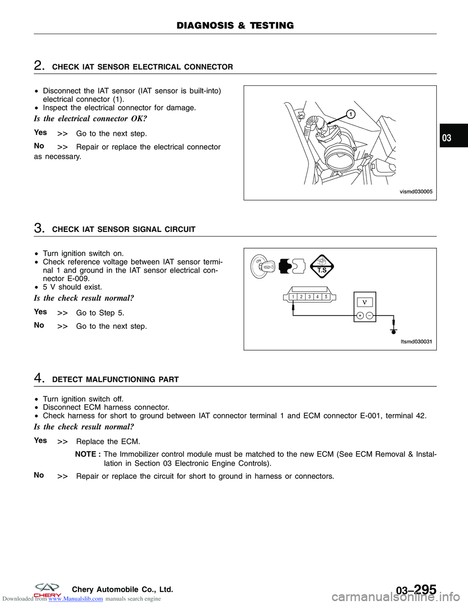 CHERY TIGGO 2009 Service Repair Manual Downloaded from www.Manualslib.com manuals search engine 2.CHECK IAT SENSOR ELECTRICAL CONNECTOR
• Disconnect the IAT sensor (IAT sensor is built-into)
electrical connector (1).
• Inspect the elec CHERY TIGGO 2009 Service Repair Manual Downloaded from www.Manualslib.com manuals search engine 2.CHECK IAT SENSOR ELECTRICAL CONNECTOR
• Disconnect the IAT sensor (IAT sensor is built-into)
electrical connector (1).
• Inspect the elec