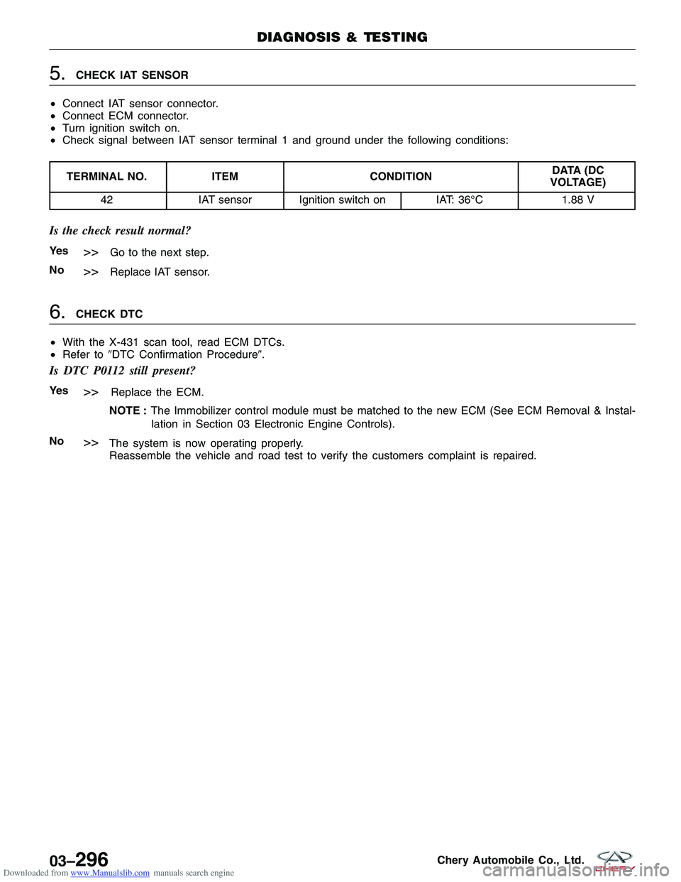 CHERY TIGGO 2009 Service Repair Manual Downloaded from www.Manualslib.com manuals search engine 5.CHECK IAT SENSOR
• Connect IAT sensor connector.
• Connect ECM connector.
• Turn ignition switch on.
• Check signal between IAT senso CHERY TIGGO 2009 Service Repair Manual Downloaded from www.Manualslib.com manuals search engine 5.CHECK IAT SENSOR
• Connect IAT sensor connector.
• Connect ECM connector.
• Turn ignition switch on.
• Check signal between IAT senso