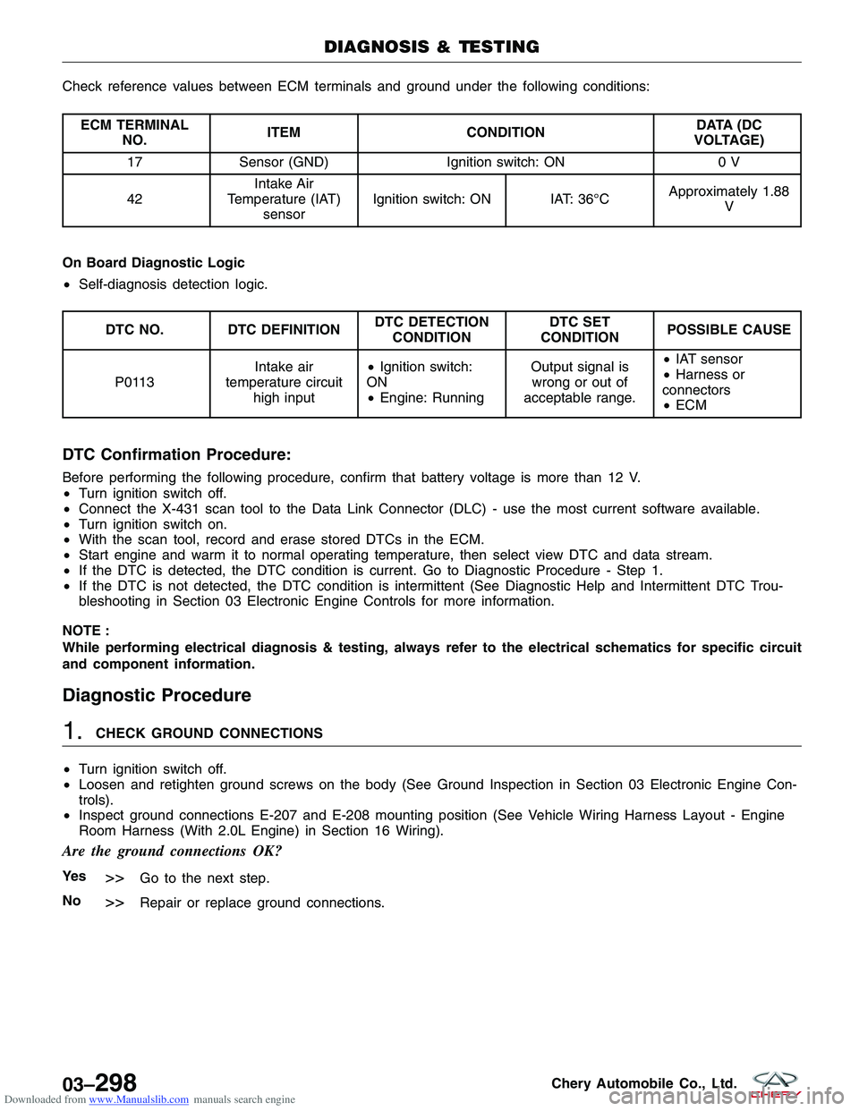 CHERY TIGGO 2009 Service Repair Manual Downloaded from www.Manualslib.com manuals search engine Check reference values between ECM terminals and ground under the following conditions:
ECM TERMINALNO. ITEM
CONDITION DATA (DC
VOLTAGE)
17 Sen CHERY TIGGO 2009 Service Repair Manual Downloaded from www.Manualslib.com manuals search engine Check reference values between ECM terminals and ground under the following conditions:
ECM TERMINALNO. ITEM
CONDITION DATA (DC
VOLTAGE)
17 Sen