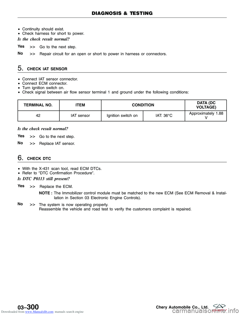 CHERY TIGGO 2009 Service Repair Manual Downloaded from www.Manualslib.com manuals search engine •Continuity should exist.
• Check harness for short to power.
Is the check result normal?
Ye s>>Go to the next step.
No
>>Repair circuit fo CHERY TIGGO 2009 Service Repair Manual Downloaded from www.Manualslib.com manuals search engine •Continuity should exist.
• Check harness for short to power.
Is the check result normal?
Ye s>>Go to the next step.
No
>>Repair circuit fo
