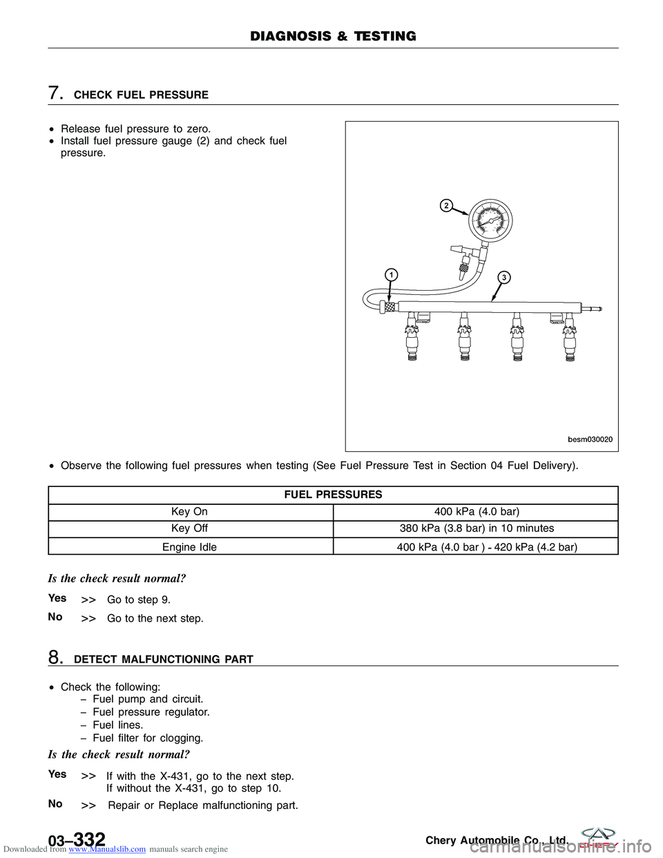 CHERY TIGGO 2009  Service Repair Manual Downloaded from www.Manualslib.com manuals search engine 7.CHECK FUEL PRESSURE
• Release fuel pressure to zero.
• Install fuel pressure gauge (2) and check fuel
pressure.
• Observe the following