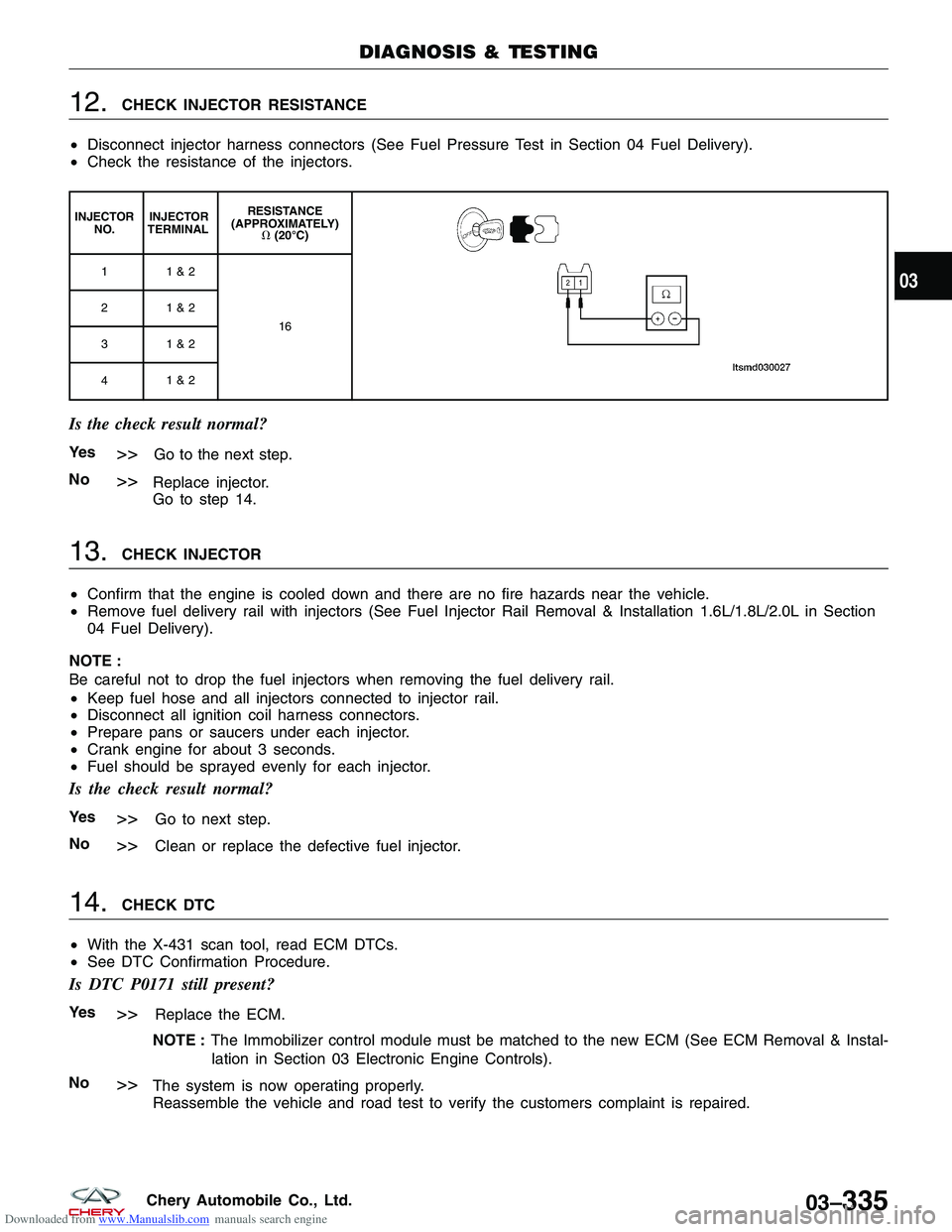 CHERY TIGGO 2009  Service Repair Manual Downloaded from www.Manualslib.com manuals search engine 12.CHECK INJECTOR RESISTANCE
• Disconnect injector harness connectors (See Fuel Pressure Test in Section 04 Fuel Delivery).
• Check the res