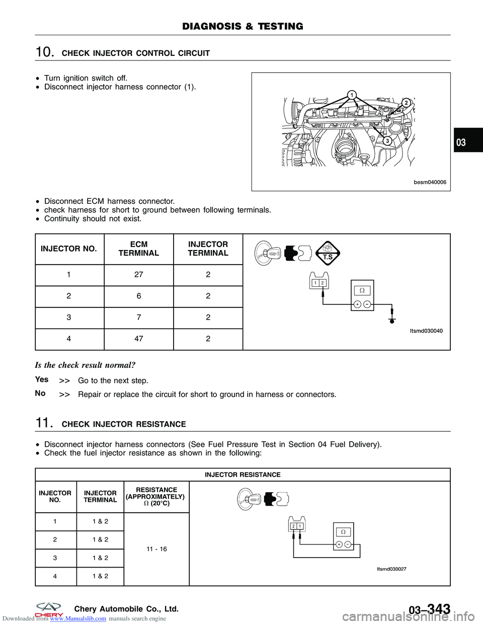 CHERY TIGGO 2009  Service Repair Manual Downloaded from www.Manualslib.com manuals search engine 10.CHECK INJECTOR CONTROL CIRCUIT
• Turn ignition switch off.
• Disconnect injector harness connector (1).
• Disconnect ECM harness conne
