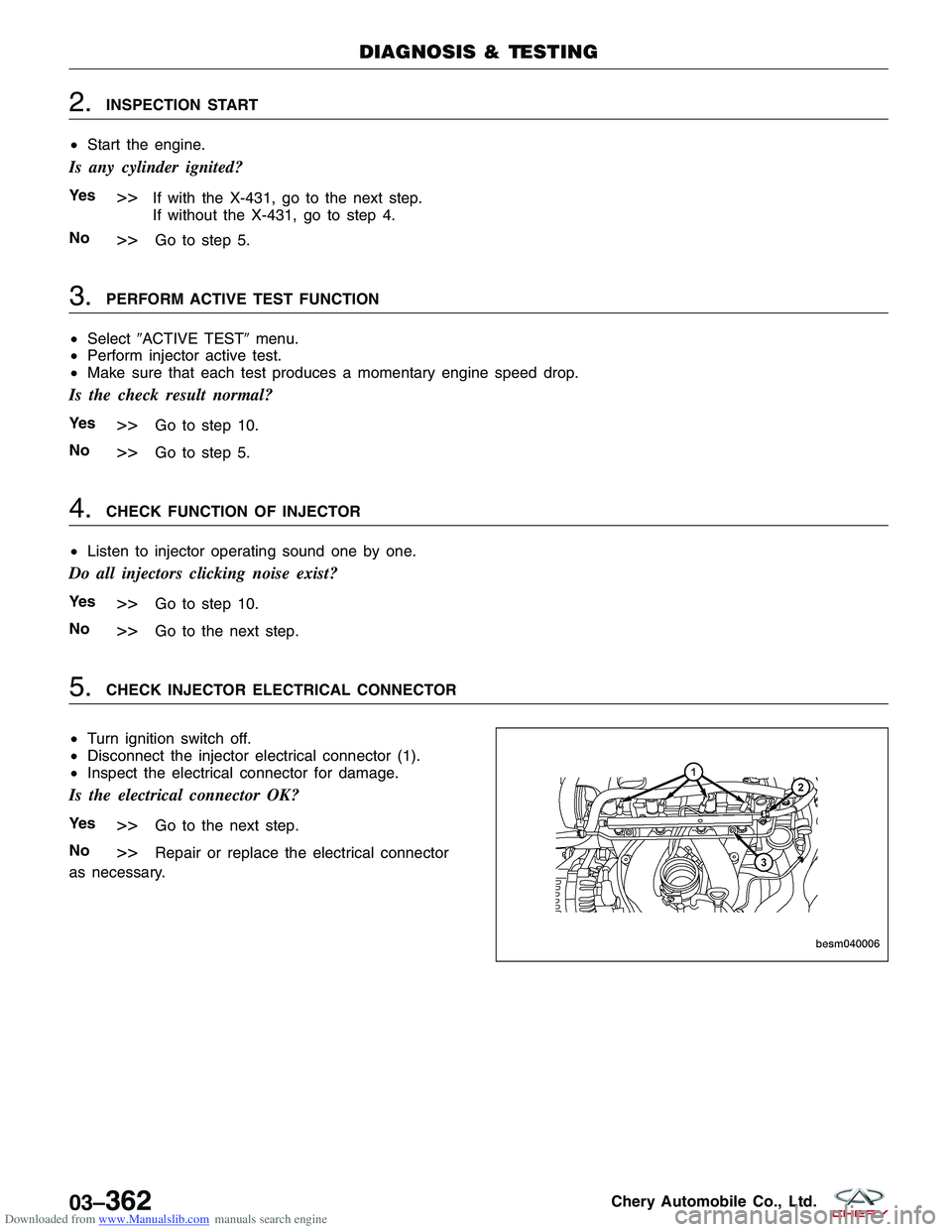CHERY TIGGO 2009  Service Repair Manual Downloaded from www.Manualslib.com manuals search engine 2.INSPECTION START
• Start the engine.
Is any cylinder ignited?
Ye s>>If with the X-431, go to the next step.
If without the X-431, go to ste