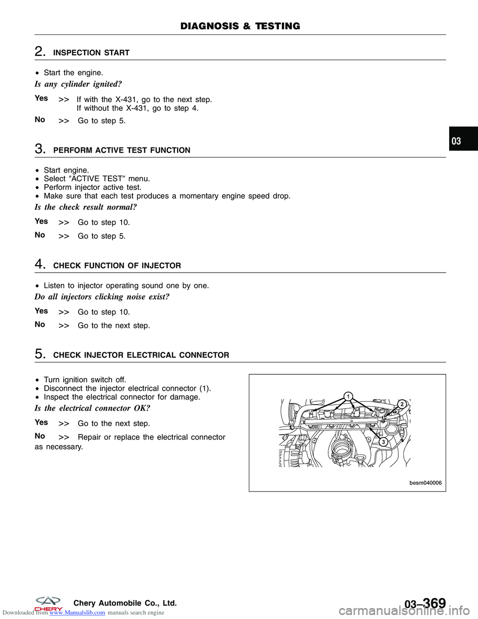 CHERY TIGGO 2009  Service Repair Manual Downloaded from www.Manualslib.com manuals search engine 2.INSPECTION START
• Start the engine.
Is any cylinder ignited?
Ye s>>If with the X-431, go to the next step.
If without the X-431, go to ste
