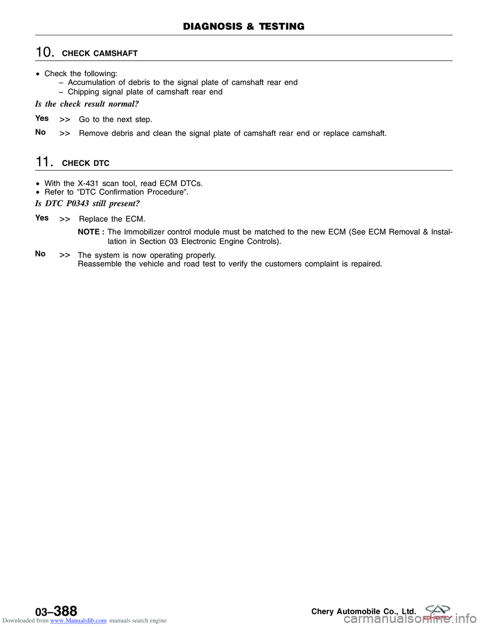 CHERY TIGGO 2009  Service Repair Manual Downloaded from www.Manualslib.com manuals search engine 10.CHECK CAMSHAFT
• Check the following:
� Accumulation of debris to the signal plate of camshaft rear end
� Chipping signal plate of camshaf