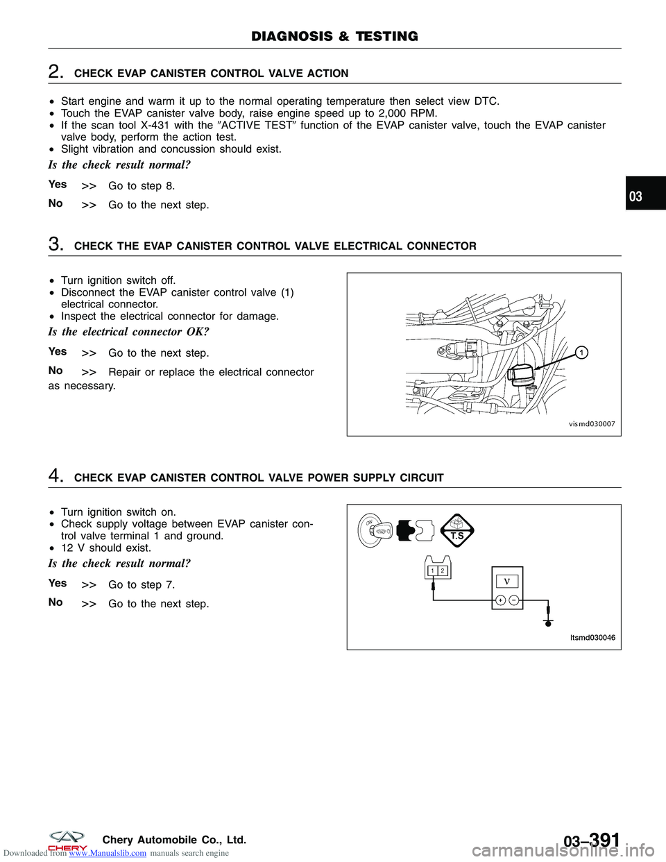 CHERY TIGGO 2009  Service Repair Manual Downloaded from www.Manualslib.com manuals search engine 2.CHECK EVAP CANISTER CONTROL VALVE ACTION
• Start engine and warm it up to the normal operating temperature then select view DTC.
• Touch 
