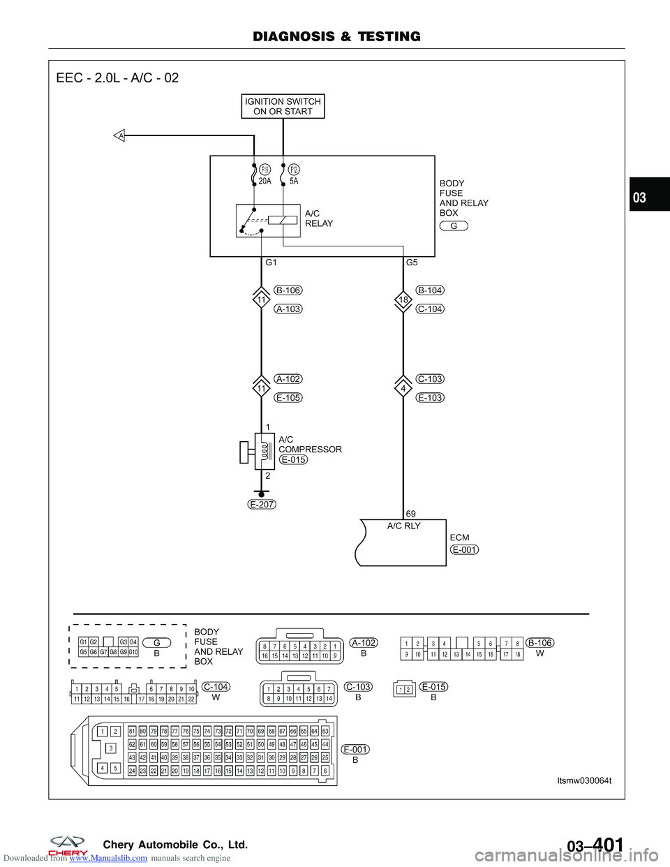 CHERY TIGGO 2009  Service Repair Manual Downloaded from www.Manualslib.com manuals search engine DIAGNOSIS & TESTING
LTSMW030064T
03
03–401Chery Automobile Co., Ltd.  