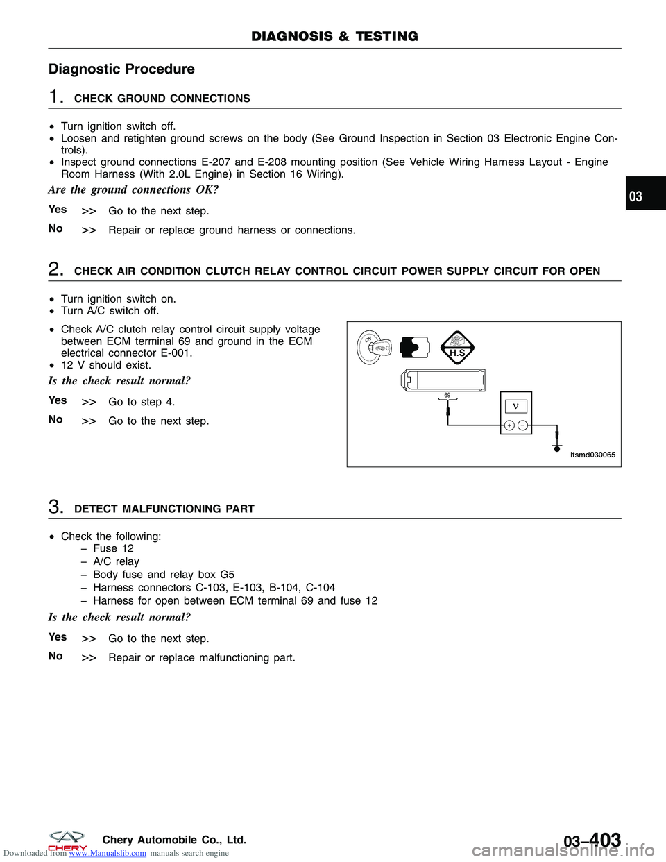 CHERY TIGGO 2009  Service Service Manual Downloaded from www.Manualslib.com manuals search engine Diagnostic Procedure
1.CHECK GROUND CONNECTIONS
• Turn ignition switch off.
• Loosen and retighten ground screws on the body (See Ground In