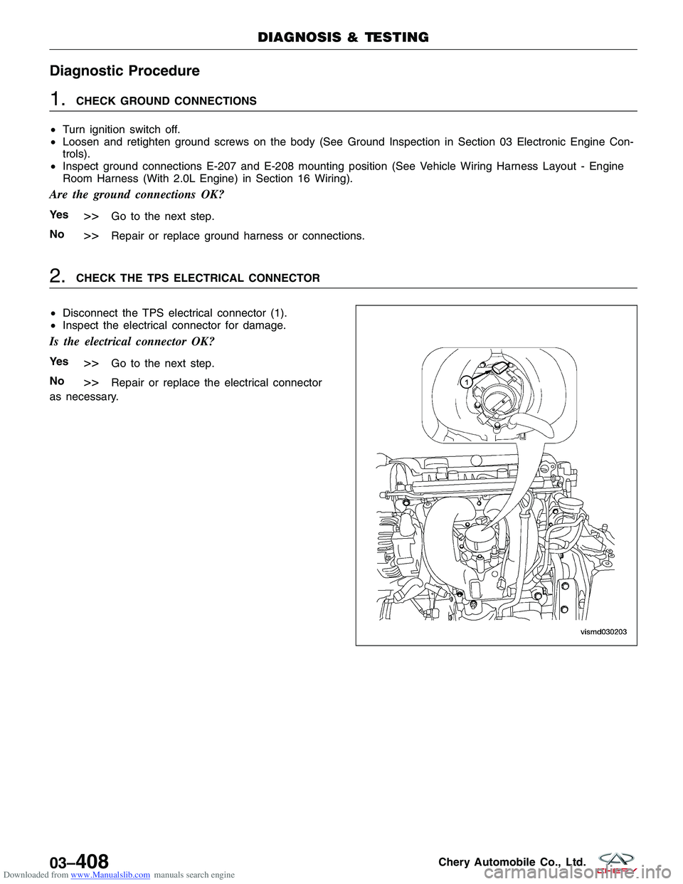 CHERY TIGGO 2009 Service Repair Manual Downloaded from www.Manualslib.com manuals search engine Diagnostic Procedure
1.CHECK GROUND CONNECTIONS
• Turn ignition switch off.
• Loosen and retighten ground screws on the body (See Ground In CHERY TIGGO 2009 Service Repair Manual Downloaded from www.Manualslib.com manuals search engine Diagnostic Procedure
1.CHECK GROUND CONNECTIONS
• Turn ignition switch off.
• Loosen and retighten ground screws on the body (See Ground In
