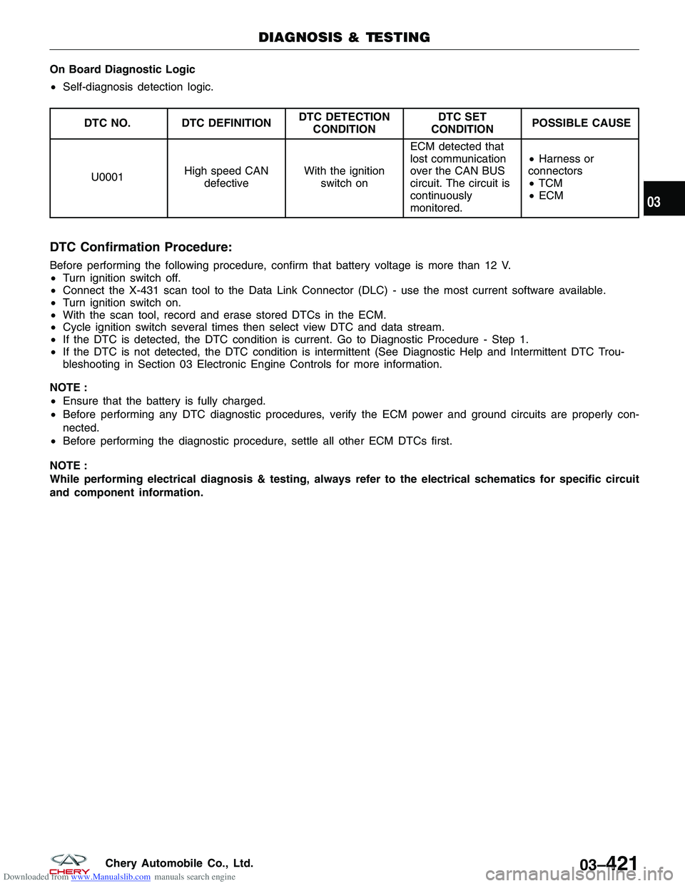 CHERY TIGGO 2009  Service Repair Manual Downloaded from www.Manualslib.com manuals search engine On Board Diagnostic Logic
•Self-diagnosis detection logic.
DTC NO. DTC DEFINITION DTC DETECTION
CONDITION DTC SET
CONDITION POSSIBLE CAUSE
U0