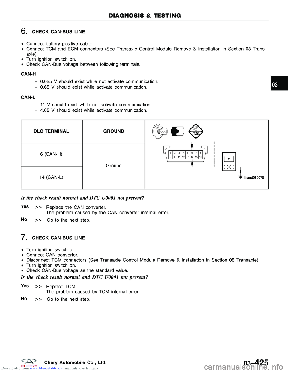 CHERY TIGGO 2009  Service Repair Manual Downloaded from www.Manualslib.com manuals search engine 6.CHECK CAN-BUS LINE
• Connect battery positive cable.
• Connect TCM and ECM connectors (See Transaxle Control Module Remove & Installation