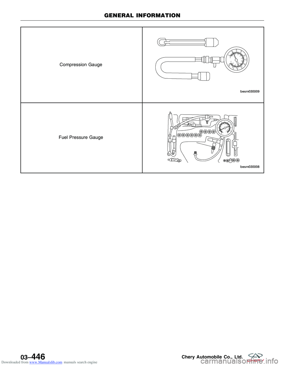 CHERY TIGGO 2009 Service Repair Manual Downloaded from www.Manualslib.com manuals search engine Compression Gauge
Fuel Pressure Gauge
GENERAL INFORMATION
03–446Chery Automobile Co., Ltd. CHERY TIGGO 2009 Service Repair Manual Downloaded from www.Manualslib.com manuals search engine Compression Gauge
Fuel Pressure Gauge
GENERAL INFORMATION
03–446Chery Automobile Co., Ltd.