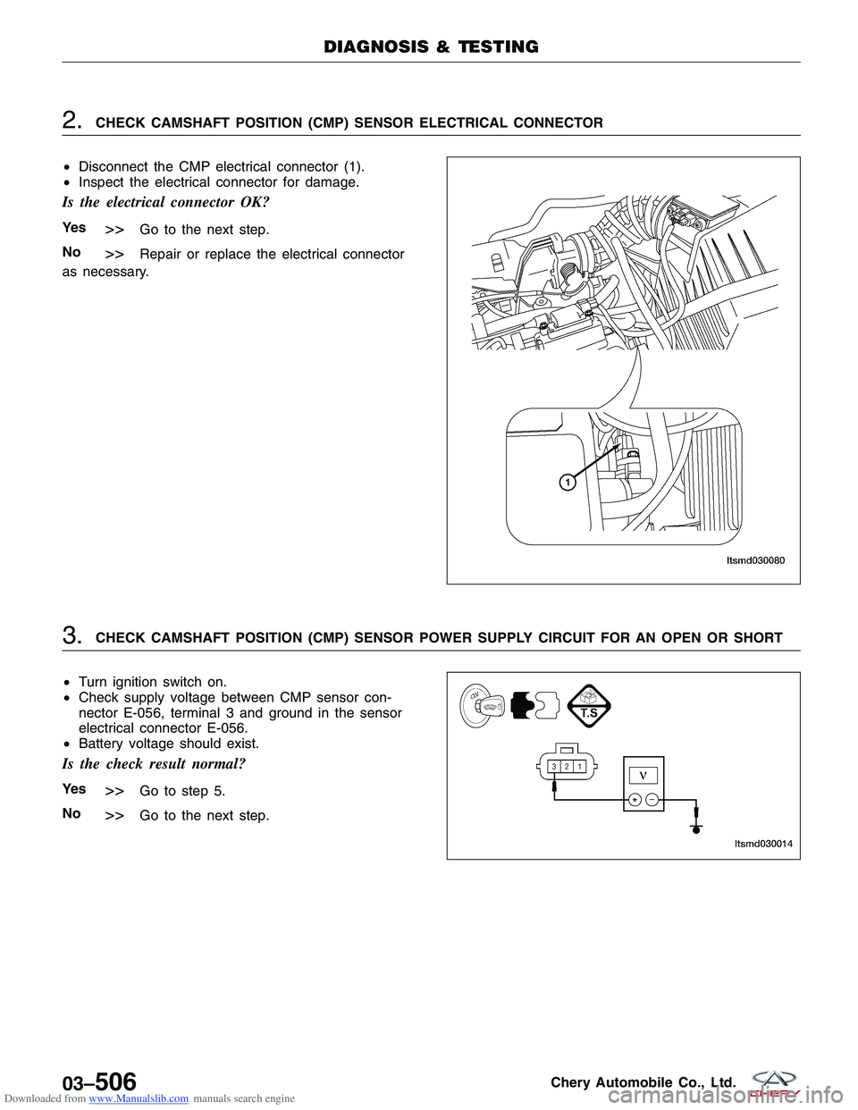 CHERY TIGGO 2009 Service Repair Manual Downloaded from www.Manualslib.com manuals search engine 2.CHECK CAMSHAFT POSITION (CMP) SENSOR ELECTRICAL CONNECTOR
• Disconnect the CMP electrical connector (1).
• Inspect the electrical connect CHERY TIGGO 2009 Service Repair Manual Downloaded from www.Manualslib.com manuals search engine 2.CHECK CAMSHAFT POSITION (CMP) SENSOR ELECTRICAL CONNECTOR
• Disconnect the CMP electrical connector (1).
• Inspect the electrical connect