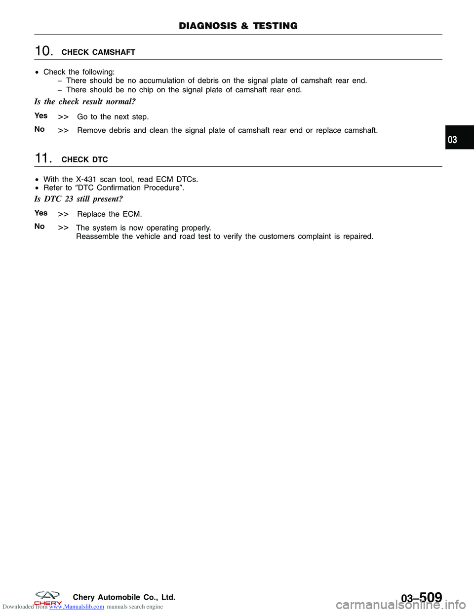 CHERY TIGGO 2009  Service Repair Manual Downloaded from www.Manualslib.com manuals search engine 10.    CHECK CAMSHAFT
• Check the following:
� There should be no accumulation of debris on the signal plate of camshaft rear end.
� There sh