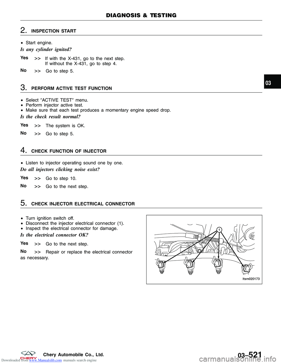 CHERY TIGGO 2009 Service Repair Manual Downloaded from www.Manualslib.com manuals search engine 2.INSPECTION START
• Start engine.
Is any cylinder ignited?
Ye s>>If with the X-431, go to the next step.
If without the X-431, go to step 4. CHERY TIGGO 2009 Service Repair Manual Downloaded from www.Manualslib.com manuals search engine 2.INSPECTION START
• Start engine.
Is any cylinder ignited?
Ye s>>If with the X-431, go to the next step.
If without the X-431, go to step 4.