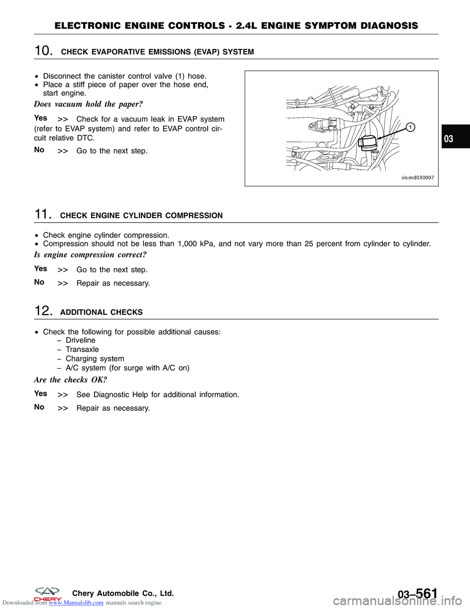 CHERY TIGGO 2009  Service Repair Manual Downloaded from www.Manualslib.com manuals search engine 10.    CHECK EVAPORATIVE EMISSIONS (EVAP) SYSTEM
• Disconnect the canister control valve (1) hose.
• Place a stiff piece of paper over the 