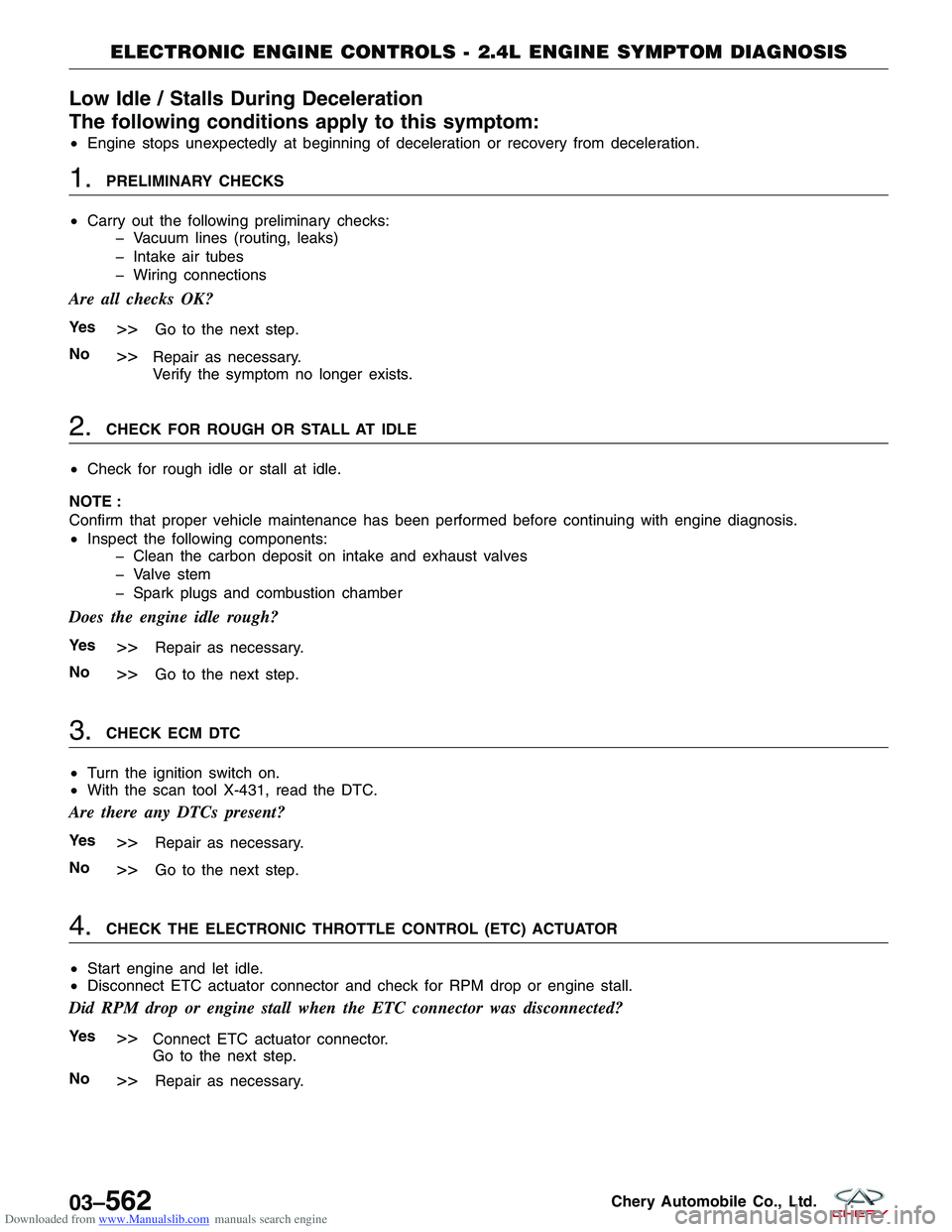 CHERY TIGGO 2009  Service Repair Manual Downloaded from www.Manualslib.com manuals search engine Low Idle / Stalls During Deceleration
The following conditions apply to this symptom:
•Engine stops unexpectedly at beginning of deceleration