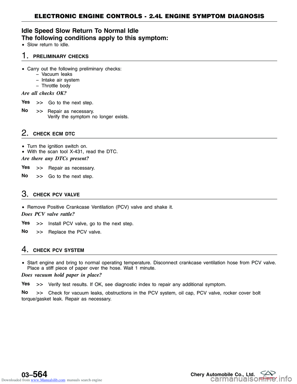 CHERY TIGGO 2009  Service Repair Manual Downloaded from www.Manualslib.com manuals search engine Idle Speed Slow Return To Normal Idle
The following conditions apply to this symptom:
•Slow return to idle.
1.PRELIMINARY CHECKS
• Carry ou
