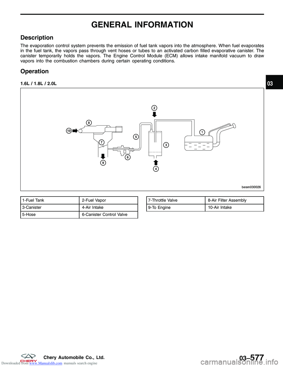 CHERY TIGGO 2009  Service Repair Manual Downloaded from www.Manualslib.com manuals search engine GENERAL INFORMATION
Description
The evaporation control system prevents the emission of fuel tank vapors into the atmosphere. When fuel evapora
