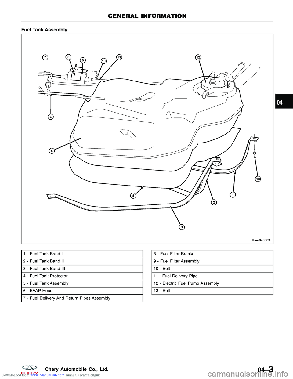 CHERY TIGGO 2009  Service Repair Manual Downloaded from www.Manualslib.com manuals search engine Fuel Tank Assembly
1 - Fuel Tank Band I
2 - Fuel Tank Band II
3 - Fuel Tank Band III
4 - Fuel Tank Protector
5 - Fuel Tank Assembly
6 - EVAP Ho