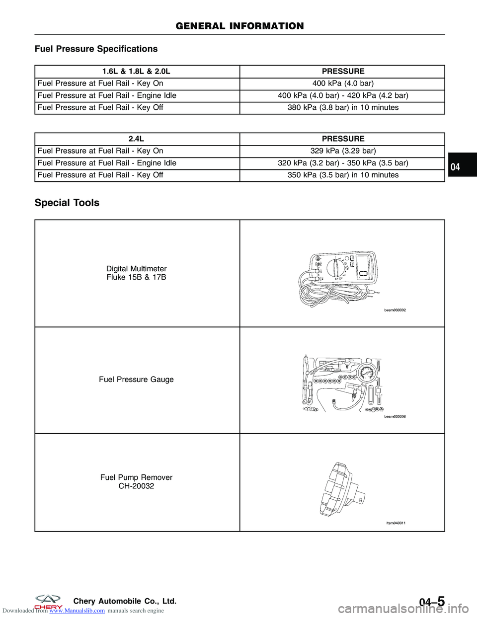 CHERY TIGGO 2009  Service Repair Manual Downloaded from www.Manualslib.com manuals search engine Fuel Pressure Specifications
1.6L & 1.8L & 2.0LPRESSURE
Fuel Pressure at Fuel Rail - Key On 400 kPa (4.0 bar)
Fuel Pressure at Fuel Rail - Engi