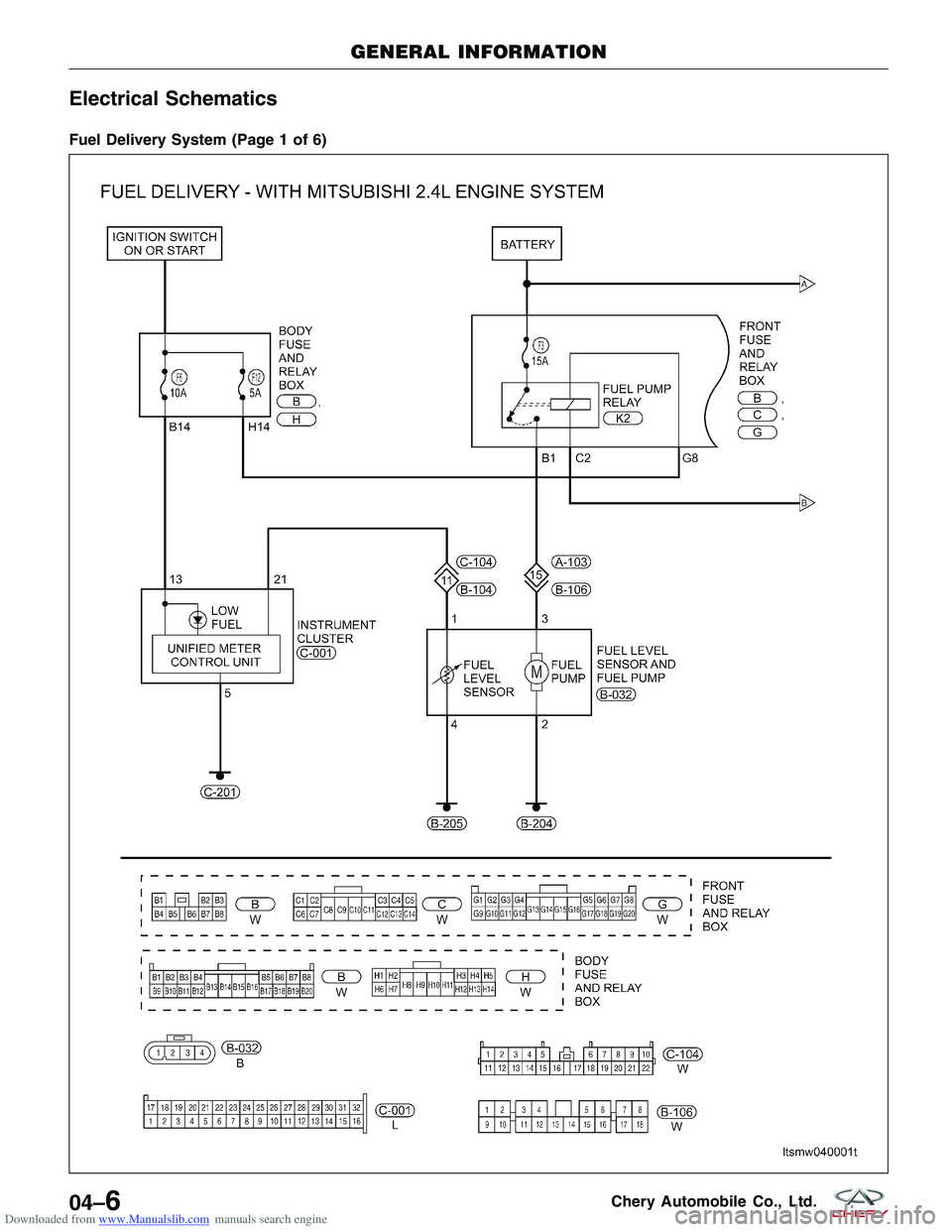 CHERY TIGGO 2009  Service Repair Manual Downloaded from www.Manualslib.com manuals search engine Electrical Schematics
Fuel Delivery System (Page 1 of 6)
GENERAL INFORMATION
LTSMW040001T
04–6Chery Automobile Co., Ltd.  
