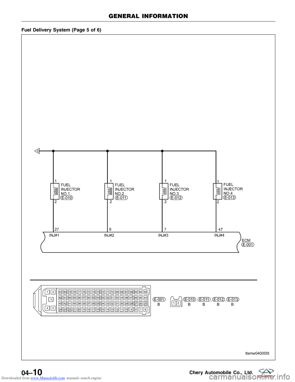CHERY TIGGO 2009  Service Repair Manual Downloaded from www.Manualslib.com manuals search engine Fuel Delivery System (Page 5 of 6)
GENERAL INFORMATION
LTSMW040005T
04–10Chery Automobile Co., Ltd.  
