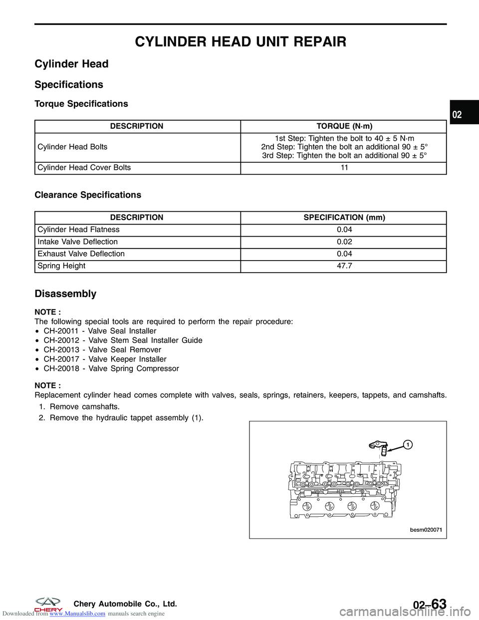 CHERY TIGGO 2009 Service Owners Manual Downloaded from www.Manualslib.com manuals search engine CYLINDER HEAD UNIT REPAIR
Cylinder Head
Specifications
Torque Specifications
DESCRIPTIONTORQUE (N·m)
Cylinder Head Bolts 1st Step: Tighten the CHERY TIGGO 2009 Service Owners Manual Downloaded from www.Manualslib.com manuals search engine CYLINDER HEAD UNIT REPAIR
Cylinder Head
Specifications
Torque Specifications
DESCRIPTIONTORQUE (N·m)
Cylinder Head Bolts 1st Step: Tighten the